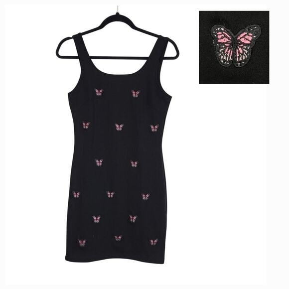 haley & june Dresses & Skirts - Butterfly Print Sheath Mini Dress M Black Pink Sleeveless Tank 90s Y2K Mean Girl